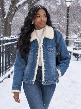 Vintage Arizona Jean Co. Blue Denim Warm Jacket Cream Faux Fur Trim & Lining XL
